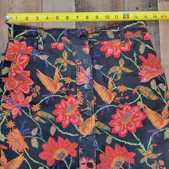 Farm Rio Anthropologie Quilted Mini Skirt Small‎ Black Pink Floral Birds Boho - Picture 10 of 11